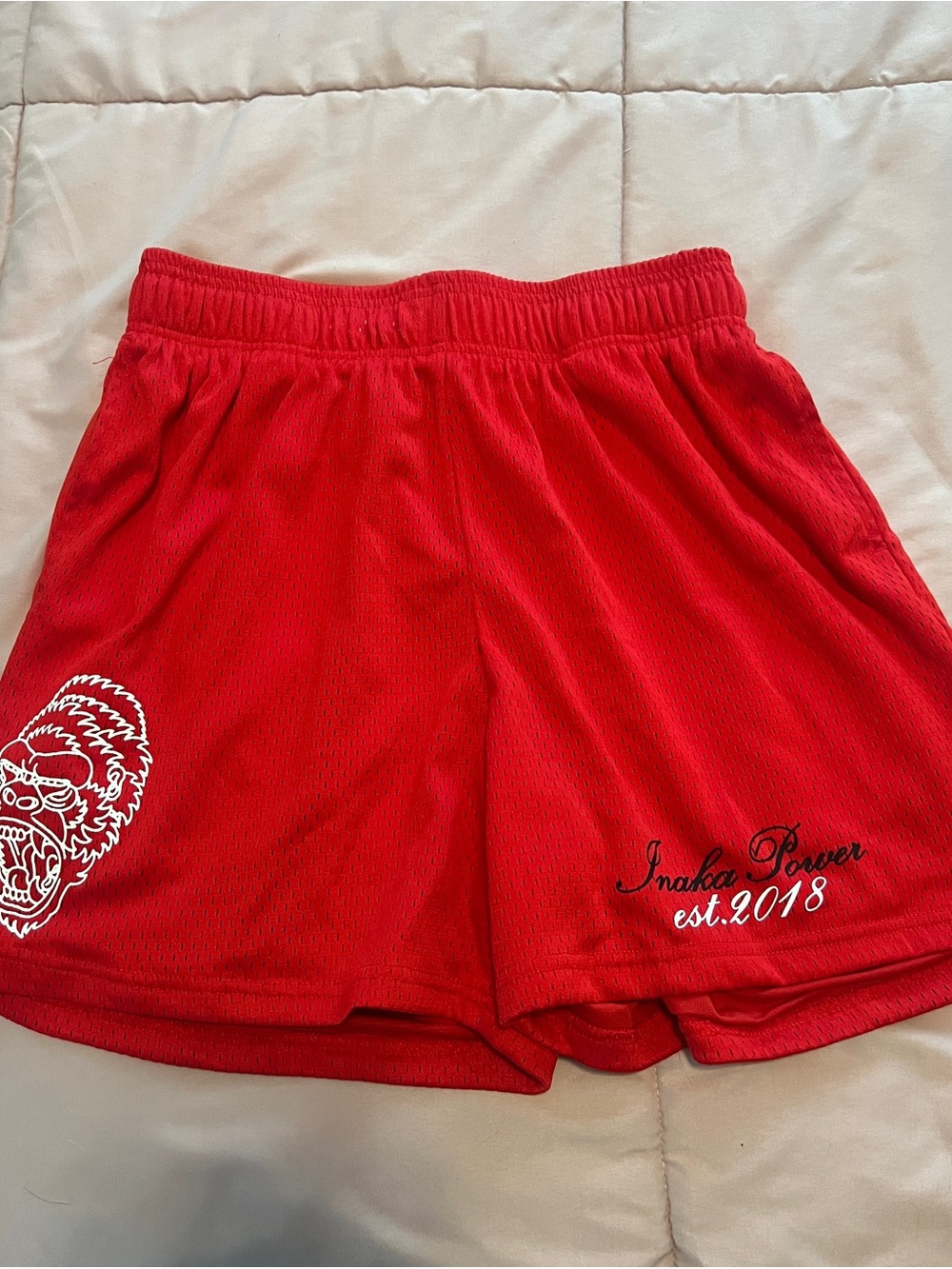 Inaka Power Red Mesh Athletic Shorts with Script Logo